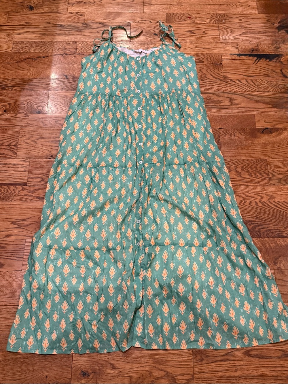 Marea. Cotton Tiered Dress. Green/Orange Print. Size Medium.